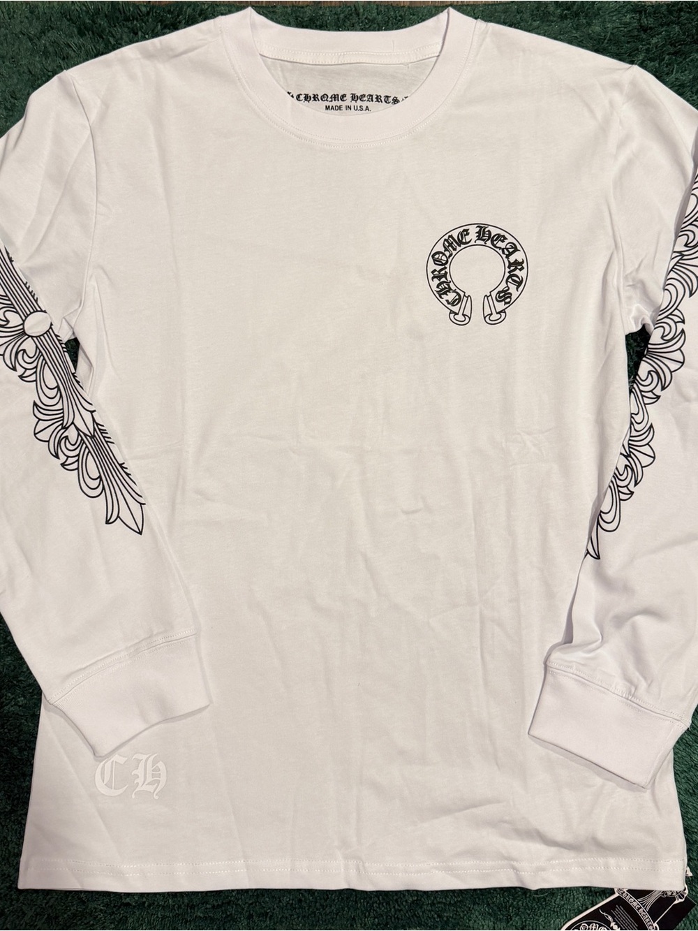 Chrome Hearts White Long Sleeve Tee with Black Graphic Sleeves